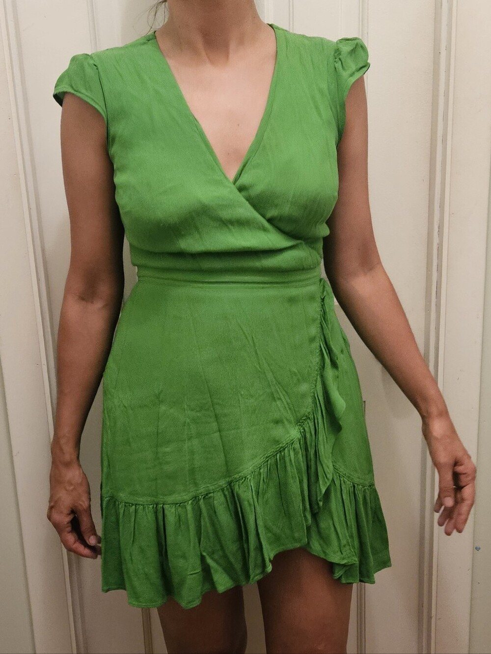 Green Wrap Ruffle Dress - Women's V-Neck